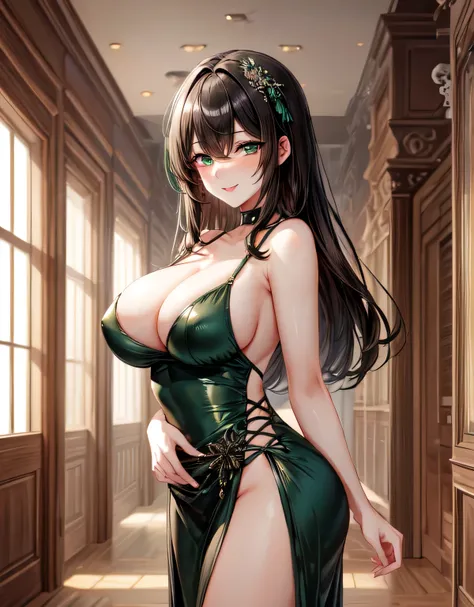 dress,(shiny green and black dress:1.3),hair ornament,bare shoulders,(brown hair),semi-long hair,bangs,(sensitive smile:1.2),blush,closed mouth,lips,erotic lips,(shiny,hair),((solo)),((masterpiece)),((best quality)),perfect anatomy,slim waist,perfect image...