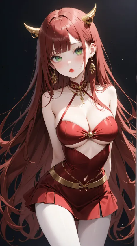 Surreal and cinematic picture of a young asian, slim fit young teen girl, round face, full crimson lips, super slim waist, extremly long skinny legs, navel percing, big gold ear ring, blushing cheeks, very long straight dark ruby red hair, pale white skin,...