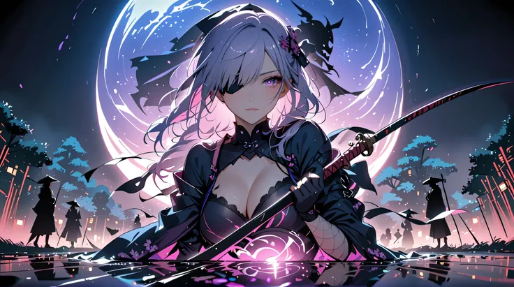 8k,masterpiece,best quality, ((( silhouette art:1.4))), a stylish and sexy ninja hoodie that shows off her cleavage and thighs, (Double Exposure:1.3), Bright violet and silver hair with pink streaked, Japanese garden with bamboo grove,wields an infernal Gr...