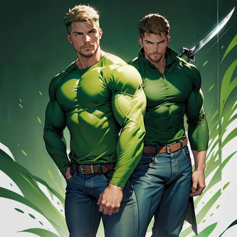 1 man, male focus solo,45 yo man,Stephen AMELL as green arrow,  lean muscle, open dark green shirt, dark marine jeans with brown belt ,( big bulge), full body shot, dark blond short hair, well groomed facial hair, holding a sword with one hand, , ultra hig...