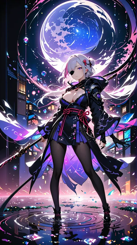 8k,masterpiece,best quality, (silhouette art:1.4), a stylish and sexy ninja hoodie that shows off her cleavage and thighs, (Double Exposure:1.3), Bright violet and silver hair with pink streaked or violet streaked, wields an infernal Grim Reapers huge scyt...