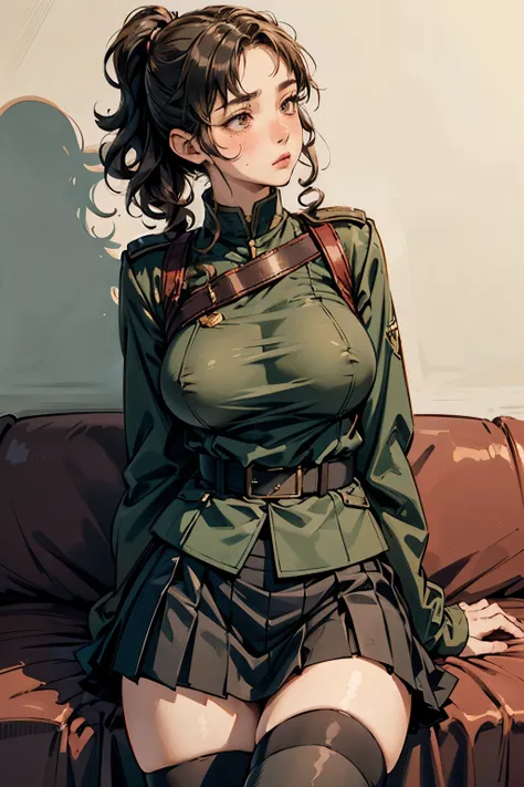 Masterpiece, photo realistic hyper details, simple style, oversized military uniform, thighhigh, detailed fabric fibers, oversized, erect nipple, curly hair, shoulder-length hair, short ponytails, skirt, sad face, looking at viewer, blushing