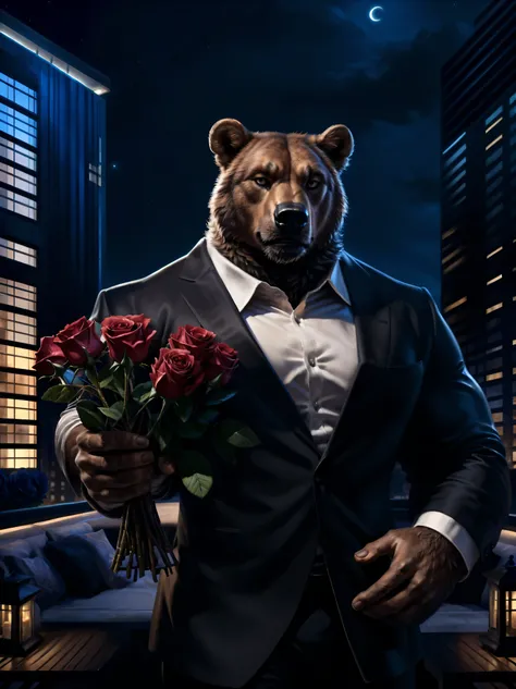 Sharp focus, masterpiece, 8k, intricate artwork, hyper detailed, high detail, best quality, perfect colors, perfect shadows, perfect lighting, posted on e621, portrait, furry body, solo, anthro brown bear, (massive strongman, burly, manly, brutal face feat...