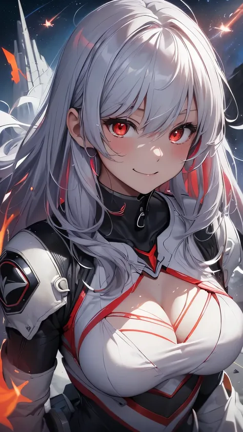 最high quality、Best image quality、masterpiece、girl((18-year-old、 By becoming、Best Bust、Medium Bust,Wide open breast tea、Red glowing eyes,Silver Hair、Disheveled Hair、Long Hair、thin,The highest valley、Open chest、White wristband、smile、hair ornamentany accessor...