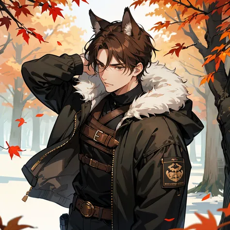 "An anime-style loyal and protective young man, waist-up view, with short sandy brown hair and warm brown eyes. He has prominently visible dog-like ears on his head, matching his sandy brown hair, which clearly establish him as a half-beast character with ...