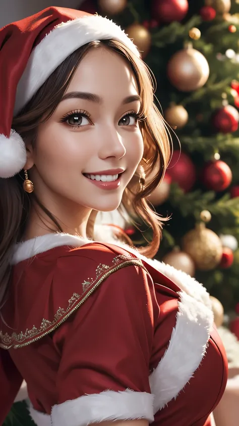 Santas sexy clothes, stand in front of the Christmas tree, character portrait, intricate, elegant, highly detailed, digital painting, sharp focus, ((smile, miniskirt, close up)), 
