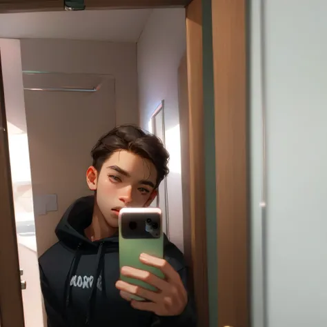 there is a man taking a selfie in a mirror, 18 years old, 1 , around 1 , mirror selfie, 21 years old, mateus 9 5, very very low quality picture, picture, blurry image, in bathroom, in a black hoodie, 2 , taken in the early 2020s, teen boyHD, (Best Detail),...