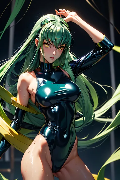  perfect anatomy 　  top quality,  highest resolution,(((navy blue latex competitive swimsuit with metallic luster　 shiny green hair 　 Yellow Eyes　sweat)))　c.c