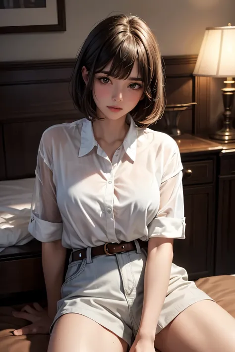 beautiful, masterpiece, best quality, extremely detailed face,  perfect lighting, 1girl, solo,  GiovannaMS, cowboy shot, white shirt, no underwear, crotch, pelvic, sitting, spread legs, blushing, straight bangs, short hair