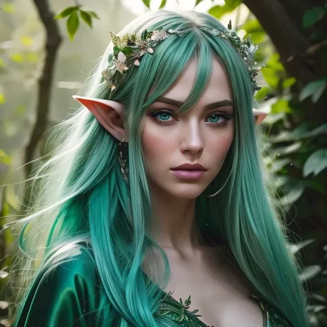 Professional upper body portrait photo, (Photo 4k:1.1), by (Jeremy Lipking:0.3), (Dittmann Anna:0.3), (Cécile:0.3), (sharp focus:0.1), high detail. A beautiful elven sorceress in emerald-green attire, wearing an emerald-green robe adorned with delicate vin...