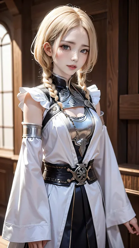 25 year old female adventurer、Arianna Silverwraith。She is 176cm tall、She has short, asymmetrical blonde hair.、Some are woven。Arianna wears intricately patterned silver armor.、Reflects the influence of ancient magical cultures。Her hairstyle is unique、Asymme...