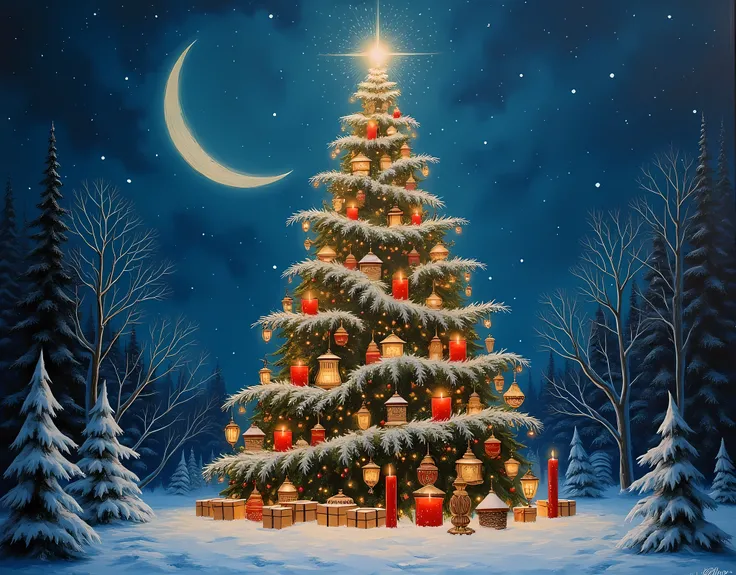 oil color art, an epic Christmas tree filled with lamps, red candles, standing in the snowy forest under the crescent moon at night, starry night, 