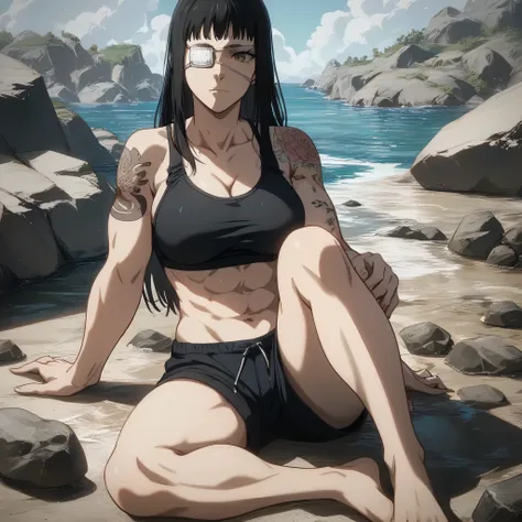 score_9, score_8_up, score_7_up,score_6_up,high resolution,source_anime,s0fiavalm3t,1girl,eyepatch,black hair,long hair,,water,rocks,,full body,,looking at viewer,pov, tattoos on shoulder,wearing sport bra,black sport shorts,Barefoot,training hard,,sportin...