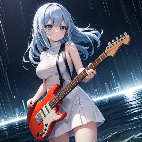   A girl playing an electric guitar while getting wet in the midst of lightning and heavy rain, A tight white dress ,Mr.々A pose,Various hairstyles and hair colors,Big Breasts, Angle of view where the whole body can be seen from a distance ,Setting diagram,...