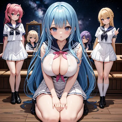   5-person girl band, Crouched Pose ,Various hairstyles and hair colors,Big Breasts, revealing sailor suit  ,  miniskirt, The location is a live house where you can see the universe,A lot of customers,Picture seen from afar,Setting diagram, Overlooking,  h...