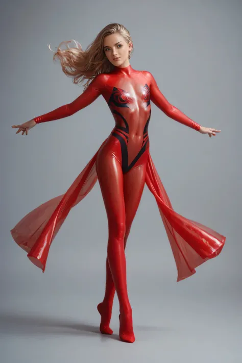 Taylor swift, Slim flat chested fenail sporty gymnastic woman in a transparent spiderman bodysuit looks like in flame doing a dance. Red long hairs flowing in the wind. Perfect lags ind Ballet shoose. Front view. Full body