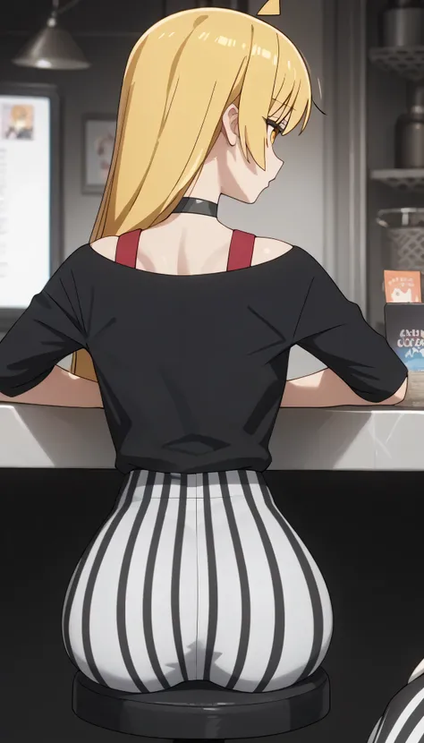 (Seika Ijichi), yellow hair, triangle ahoge, orange eyes, black wide-neck shirt, red shoulder straps, tight black choker around, anime, black and white striped pants, from behind, sitting 