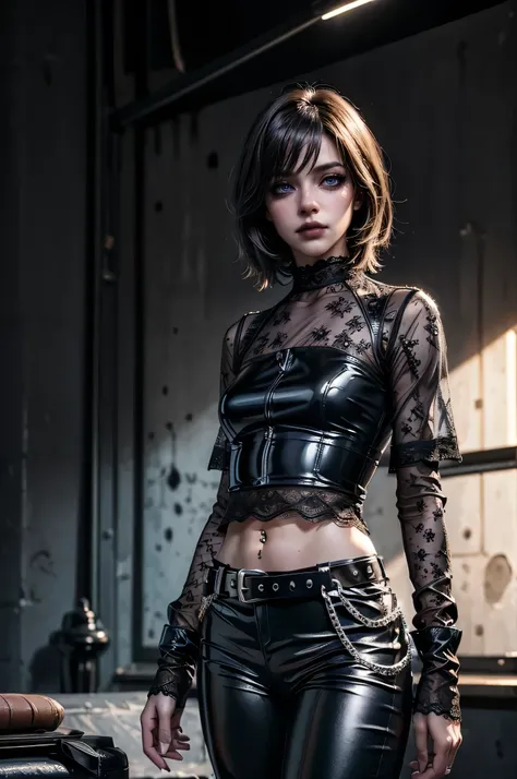 shiny and ultra glossy latex pants, ((silver studded belt with chains)), (decorative hanging chains), (decorative chain belt), (crotch chains), (hip chains), (one leg completely wrapped in chains);(best quality,4k,8k,highres,masterpiece:1.2),ultra-detailed...