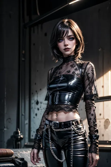shiny and ultra glossy latex pants, ((silver studded belt with chains)), (decorative hanging chains), (decorative chain belt), (crotch chains), (hip chains), (one leg completely wrapped in chains);(best quality,4k,8k,highres,masterpiece:1.2),ultra-detailed...