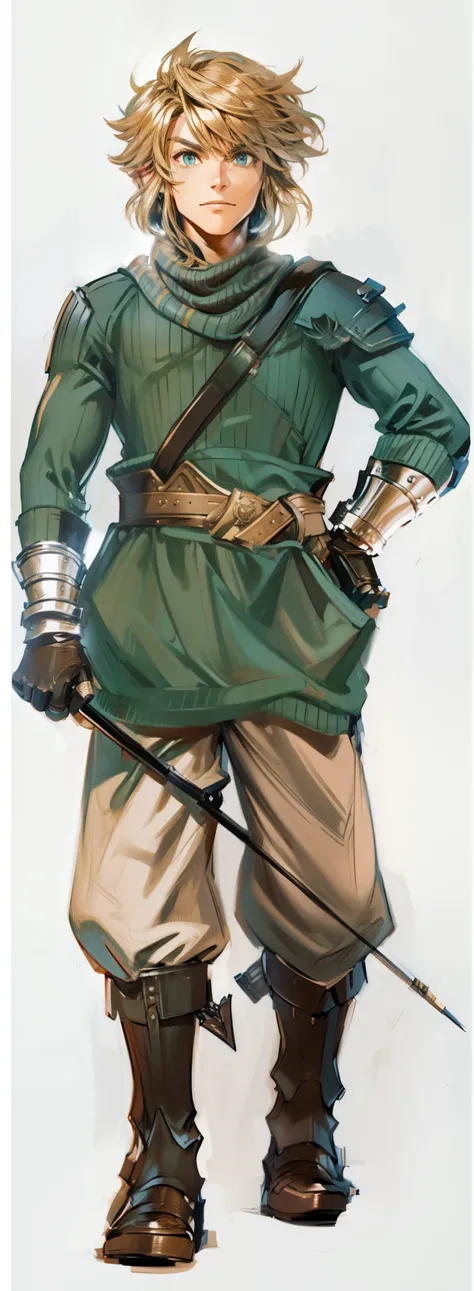 (Link:1)(Warrior:1), (adult man:1.33), standing, full body, robust leather combat boots, armor, beige pants, gloves , (narrow eyebrows:0.33), (confident:1.4), (clenching fists:0.33), scarf, holding riding crop,male,confident,strong,tall, from_below, domina...
