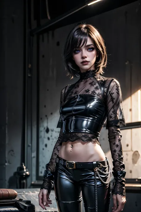 shiny and ultra glossy latex pants, ((belt with chains)), (decorative hanging chains), (decorative chain belt), (crotch chains), (hip chains), (one leg completely wrapped in chains);(best quality,4k,8k,highres,masterpiece:1.2),ultra-detailed,(realistic,pho...