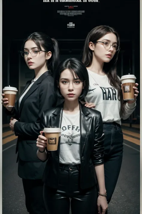 A dramatic movie poster with 3 central figures, a trio of characters. A chic woman, with black hair and a ponytail, wearing Cullote and blouse holding duct tape and rope. A Russian woman wearing a blazer and Cullote, with short black hair and pale skin, ho...