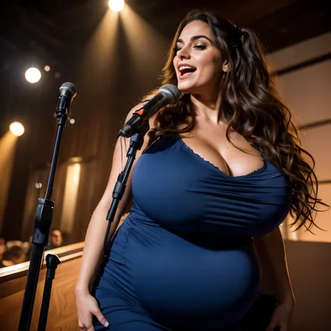 A 30yo beautiful and 9-month pregnant woman, attractive woman, sings sensually and deeply in a band, Eleonora Pavinat, huge saggy breasts, fully covered by a beautiful evening dress, very long messy hair, holding a mic in her hand, ((full person view, from...