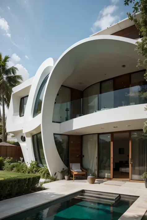  Here a summary in three lines of the futuristic house with organic architecture :
 The curvilinear and fluid structure of the house evokes natural forms ,  with transparent walls and solar panel roofs that create a bright environment integrated with the e...