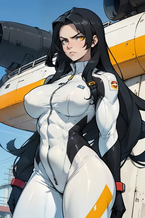 angry girl pale skin (((((muscular girl))))) (((thick))) (((large breasts))) pilot suit bodysuit black hair yellow eyes very long hair very long hair very long hair