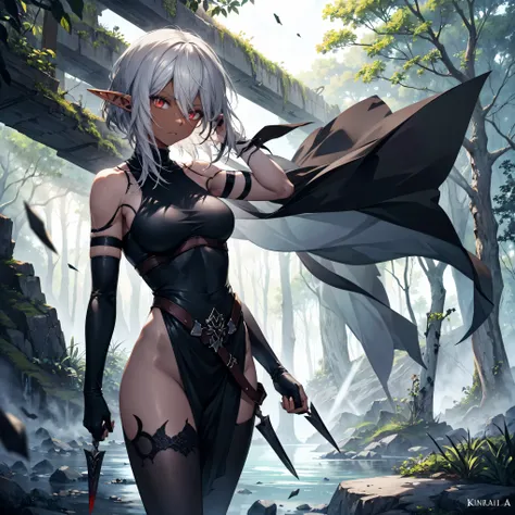 masterpiece, best quality, highly detailed, digital art, character design, full body shot, (single female elf assassin:1.4), ((dark skin tone:1.3)), (dark red eyes:1.2), ((short dark ash hair:1.3)), hair ornament, long eyelashes, (small pointy ears:1.2), l...