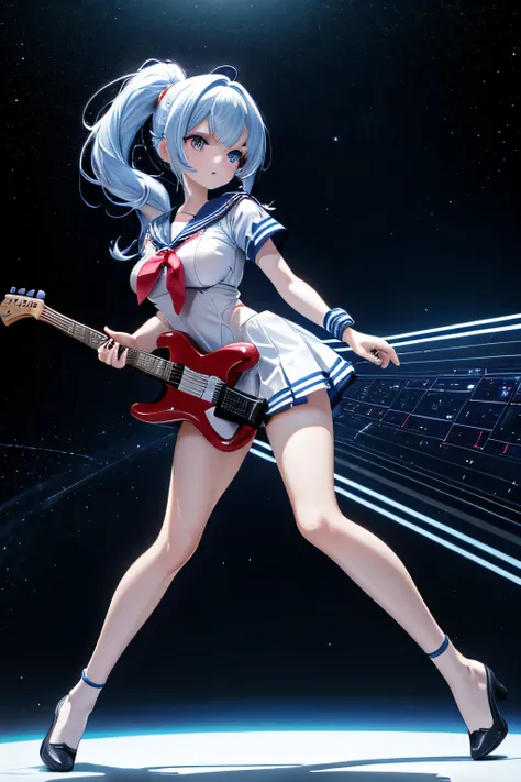  Camera angle with full body visible , girl playing electric guitar on stage inside a spaceship where space can be seen, highly revealing sailor suit,Various hairstyles and hair colors,Big Breasts,Angle of view visible from head to toe ,Setting diagram, Ov...