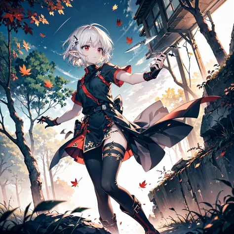 masterpiece, best quality, highly detailed, digital art, character design, full body shot, (female elf assassin), (white skin tone:1.3), (dark red eyes:1.2), ((short terracotta hair:1.3)), hair ornament, long eyelashes, (small pointy ears:1.2), lean muscul...