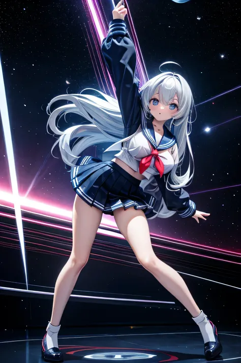  Camera angle with full body visible , stage inside a spaceship where you can see the universe,Girl playing electric guitar , highly revealing sailor suit, miniskirt,Various hairstyles and hair colors,Big Breasts,Angle of view visible from head to toe ,Set...