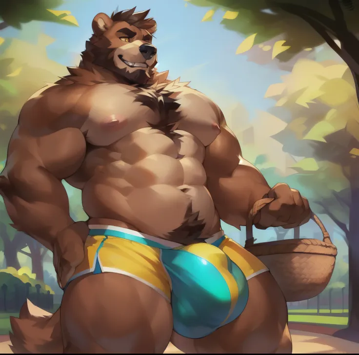 Solo, anthro, male (((bear, brown bear, yellow eyes, yellow iris, muscular, big pecs, abs, pink nipples, brown body, brown fur, tan fur, dark brown hair, beard, short hair, tan snout, cheek tuft, chest tuft, chest tuft, tan tuft, bear tail, basket ball sho...