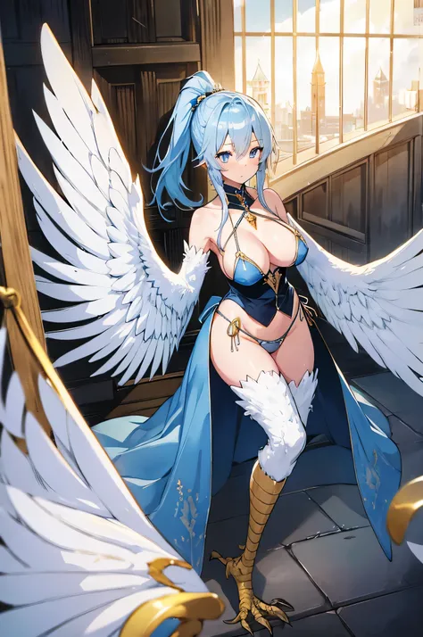 4K, high definition ,One Woman,Harpy, light blue hair, long ponytail,White Wings,Golden toenails, huge boobs ,princess,black high leg bikini,Sideboob,princessのティアラ,Jewelry decoration,Medieval castle