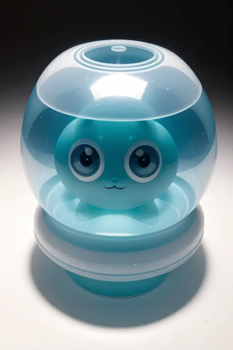 A geometric toy made of translucent colored plastic, with big eyes and a clean, single-color background