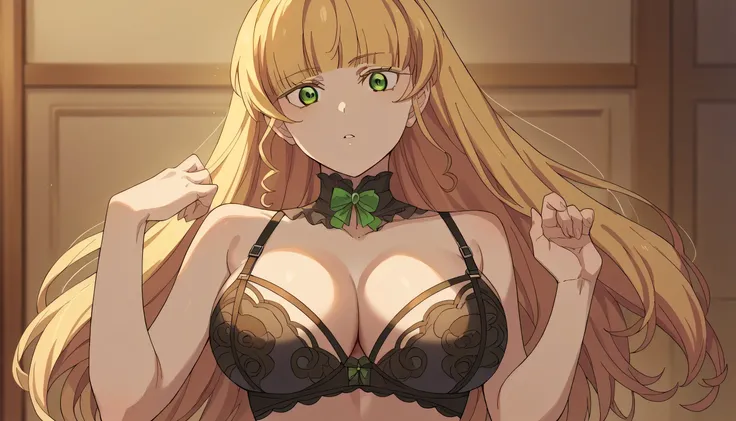 score_9, score_8_up, score_7_up, source_anime, sumire heanna, long hair, bangs, blonde hair, green eyes,In black lingerie,With big breasts, and sensual pose