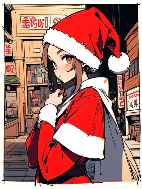 sideview,alone,upperbody,30years old, older sisters face、makeup,Santa Claus red clothes、 Santa Claus hats 、Night City、 in front of the store、Lonely、Loneliness、(cool model pose),stylish,(manga style),(sketch),(illustration),