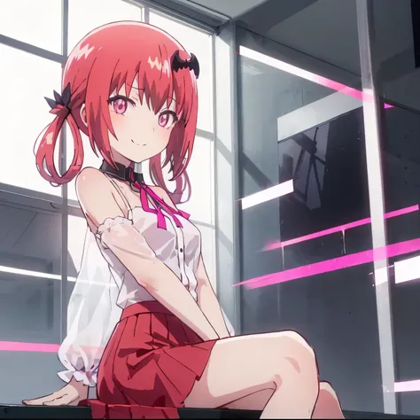  big window a beautiful and bright city 
Full of buildings 
Night time : 
Department lights off

Satanichia McDowell doing a pose 
Cute smile sitting ,
 
accessory on her neck dress ,

 shoulders bare pink blouse and a 
purple skirt 

Red hair tied with 2 ...