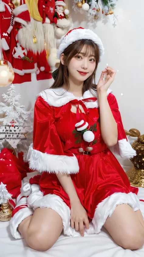 Arafe sitting on bed in Santa Claus costume, ❤🔥🍄🌪, Yakky, Sakimi-chan, Tumbler,   red dress and magical witch hat , Reimu Hakurei,  Takano Aya color style ,  happy !!!, Yuki Morita, Kazami Yuuka, Hey, Yoshitomo Nara