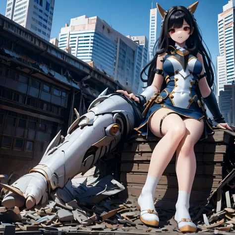  Camera angle with full body visible , A girl with a cute face,Sitting pose,The location is a destroyed metropolis,Tall buildings, there are lots of UFOs in the sky, highly revealing sailor suit, miniskirt,Big Breasts,Angle of view visible from head to toe...