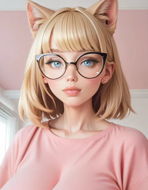 Hd, high quality, blonde bangs, (high quality faces), adorable teenage schoolgirl, (((black oversized cat-eye glasses))), (((huge breasts))), pink and white bodysuit, expressive blue eyes, bedroom