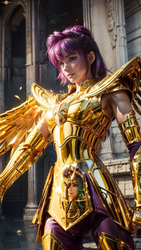 Super high saturation（  masterpiece ），  full body image，（ best quality）， （1 ******），purple hair,   wearing shiny gold armor，  full armor,  Big breasts ，Expose the waist，Show your thighs， in front， Saint Seiya Armor，  Messy hair，high detail,  anime style , ...