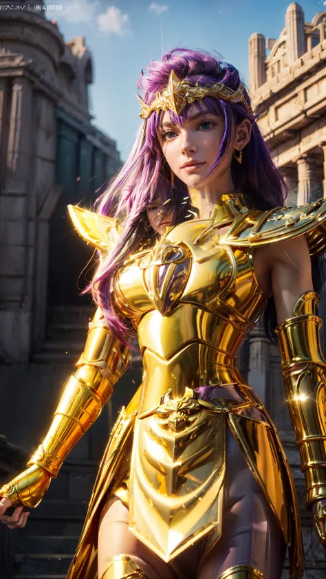 Super high saturation（  masterpiece ），  full body image，（ best quality）， （1 ******），purple hair,   wearing shiny gold armor，  full armor,  Big breasts ，Expose the waist，Show your thighs， in front， Saint Seiya Armor，  Messy hair，high detail,  anime style , ...