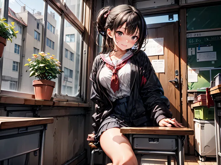 (  Masterpiece ), School, classroom,  1 girl,  ashamed,  ahe face, ( has legs open:1.2),  Sitting at Desk ,  medium hair up to buttocks,  black hair, smile,  big breasts, Light Particles, Dappled Sunshine