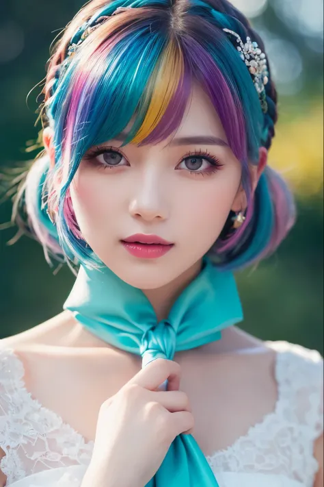  High Quality , Realistic、 high definition ,  realistic、8k、masterpiece,  Details.Impressive、Alone、Cutting-edge female photography portraits、Expression of happiness、The way you look at someone you love、Princess-like dress、Yellow、Cyan, and purple,  her brigh...