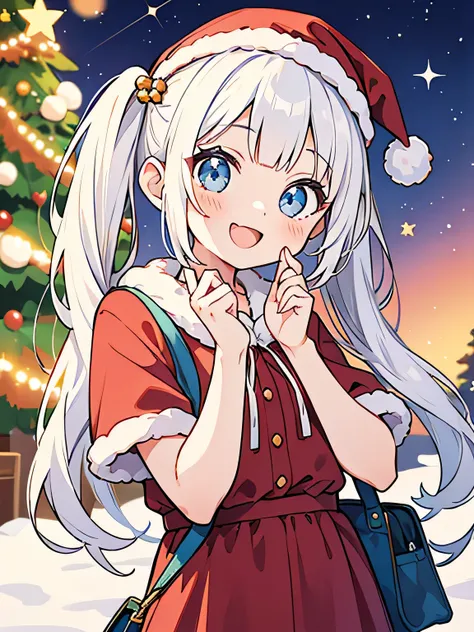  girl,  full color, one girl,  viewers who stop at the edge,  open mouth smile holding a bag, 輝く瞳,  cute pose ,  sparkling eyes , front shot ,whole body,  white hair,  long,  twin tails,  Christmas,