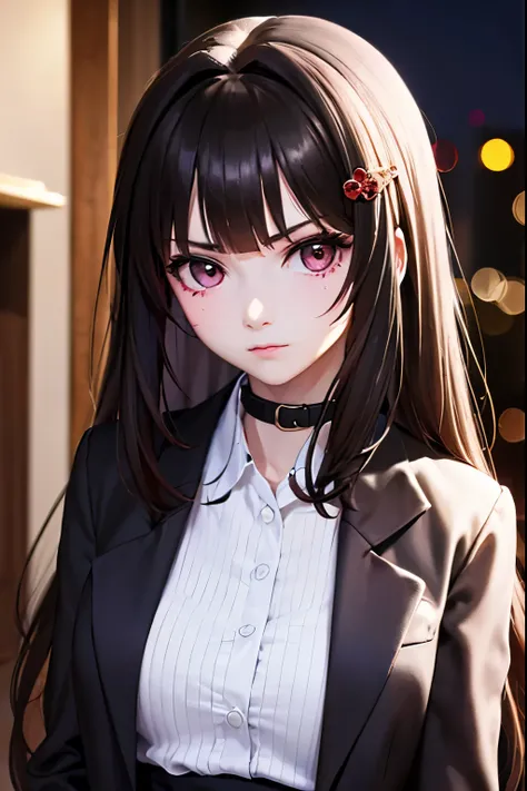  Create an image of a lively girl in a black coat with velvet around the collar of the coat and with a black blouse and a black skirt and with pink eyes, semi-long brown hair and a slightly serious expression .