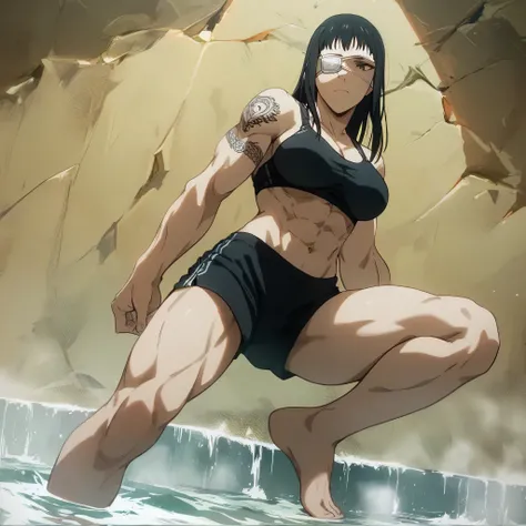 score_9, score_8_up, score_7_up,score_6_up,high resolution,source_anime,s0fiavalm3t,1girl,eyepatch,black hair,long hair,,water,rocks,,full body,,, tattoos on shoulder,wearing sport bra,black sport shorts,Barefoot,,, Athletic appeal,clean her face by towel 