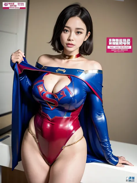 masterpiece、 latex supergirl costume 、 Off Shoulder、Ultra short hair、 Big and Rich Breasts 、 sweaty and shiny skin 、Look directly into the camera、 Choker、Provocative cleavage、 Long Sleeve 、Cape、Glamorous bare legs、 in front of laboratory equipment in hospi...